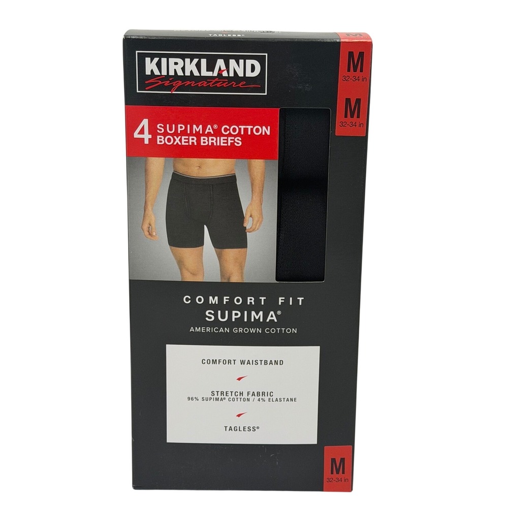 Kirkland Mens 4 Pack Supima Cotton Boxer Briefs‎ Comfort Fit Black Size M Medium